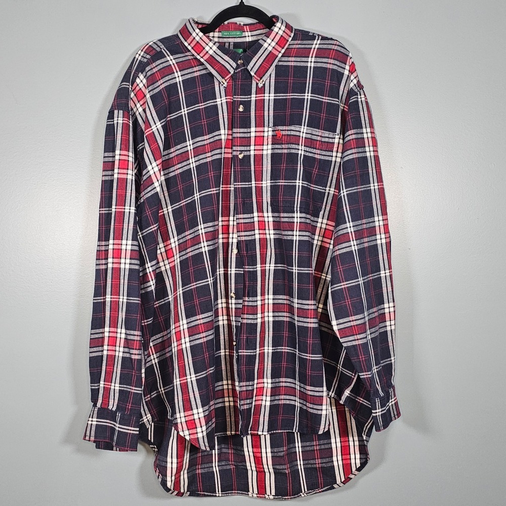 Knights of Round Table‎ Men's Plaid Button Up Shirt 2XLT Red Navy Cotton